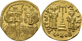 AV Solidus n.d, CONSTANS II with his son CONSTANTINUS IV 654–659 Facing busts of Constans waering plumed helmet and Constantine IV. Rev. cross potent ...