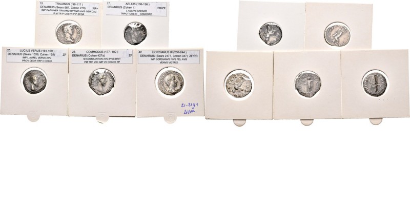 Lot Denarii (5) Coins of Trajanus, Aelius, Lucius Verus, Commodus and Gordianus ...
