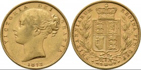 Australia - Sovereign 1873 S, Gold, VICTORIA 1837–1901 Sydney mint. Young head over date. Rev. crowned arms between two branches. S. 3855; KM. 6; Fr. ...