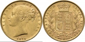 Australia - Sovereign 1874 M, Gold, VICTORIA 1837–1901 Melbourne mint. Young head over date. Rev. crowned arms between two branches.S. 3854; KM. 6; Fr...