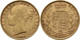 Australia - Sovereign 1884 M, Gold, VICTORIA 1837–1901 Melbourne mint. Young head over date. Rev. crowned arms between two branches. S. 3854; KM. 6; F...