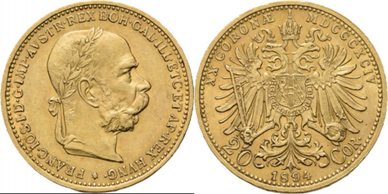 Austria - 20 Corona 1894, Gold, FRANZ JOSEPH I 1848–1916 Laureated head to right...