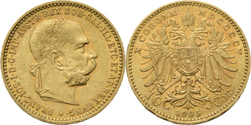 Austria - 10 Corona 1905, Gold, FRANZ JOSEPH I 1848–1916 Laureated head to right...