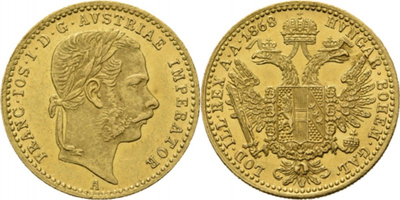 Austria - Ducat 1868 A, Gold, FRANZ JOSEPH I 1848–1916 Vienna mint. Laureated he...
