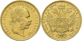 Austria - Ducat 1914, Gold, FRANZ JOSEPH I 1848–1916 Laureated head to right. Rev. crowned double-headed eagle.Fr. 493; KM. 2267. 3.48 g Nearly extrem...