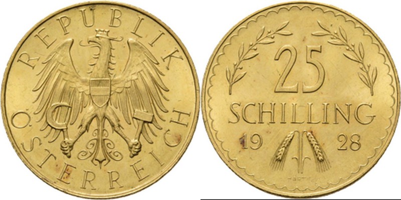 Austria - 25 Schilling 1928, Gold, ÖSTERREICH–REPUBLIK Eagle. Rev. value and dat...