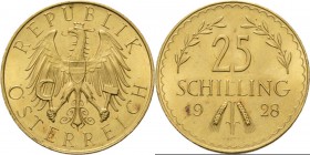 Austria - 25 Schilling 1928, Gold, ÖSTERREICH–REPUBLIK Eagle. Rev. value and date. Fr. 521 (436); KM. 2841 (651). 5.87 g Extremely fine