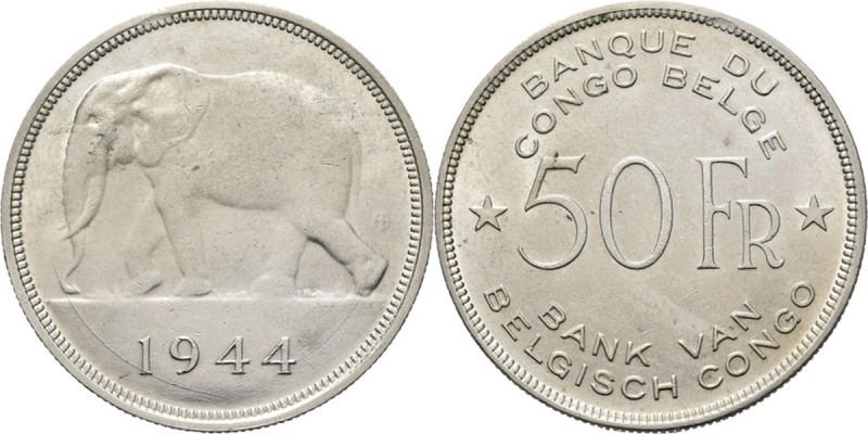 Belgian Congo - 50 Francs 1944, Silver, LEOPOLD III 1934–1950 African elephant l...