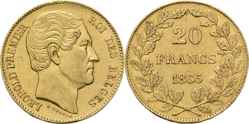 Belgium - 20 Francs 1865, Gold, LÉOPOLD I 1831–1865 Head right. Rev. denominatio...