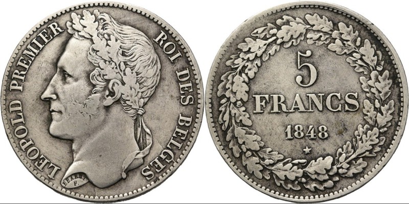 Belgium - 5 Francs 1848, Silver, LÉOPOLD I 1831–1865 Head left. Rev. denominatio...