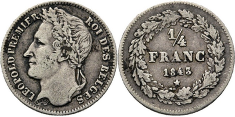 Belgium - 1/4 Franc 1843, Silver, LÉOPOLD I 1831–1865 Head left. Rev. denominati...