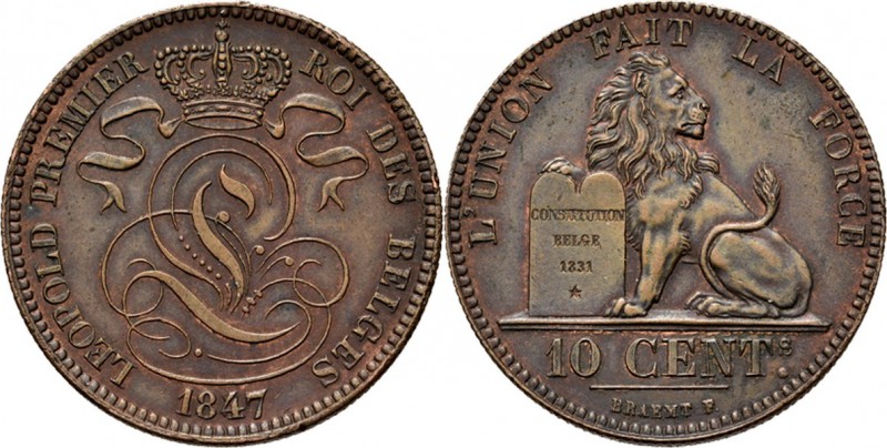 Belgium - 10 Centimes 1847 over 1837, Copper, LÉOPOLD I 1831–1865 French. Crowne...