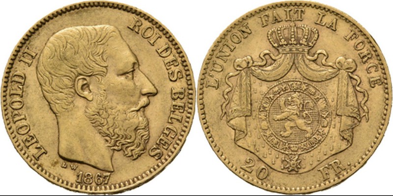 Belgium - 20 Francs 1867, Gold, LEOPOLD II 1865–1909 Bare head to right. Rev. cr...