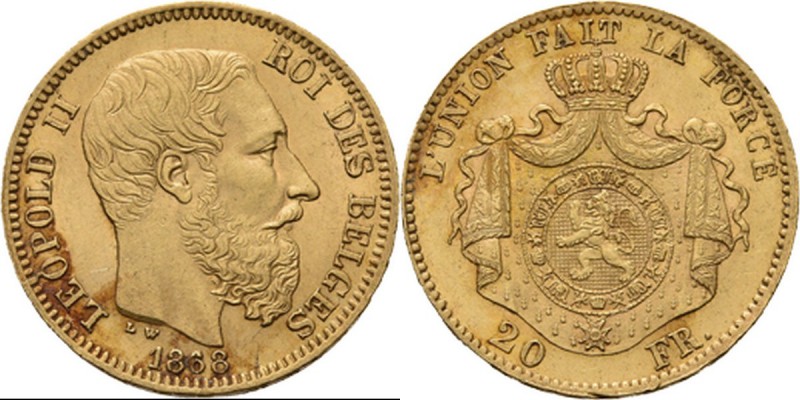 Belgium - 20 Francs 1868, Gold, LEOPOLD II 1865–1909 Bare head to right. Rev. cr...