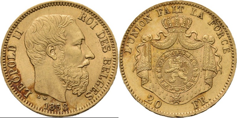 Belgium - 20 Francs 1868, Gold, LEOPOLD II 1865–1909 Bare head to right. Rev. cr...