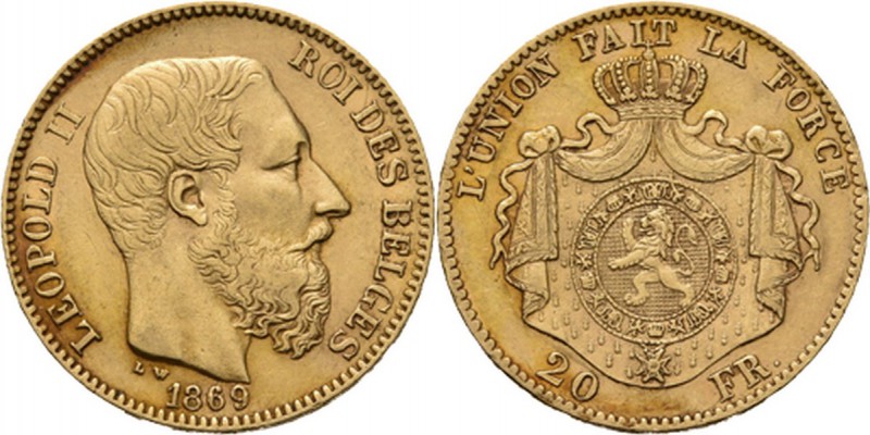 Belgium - 20 Francs 1869, Gold, LEOPOLD II 1865–1909 Bare head to right. Rev. cr...