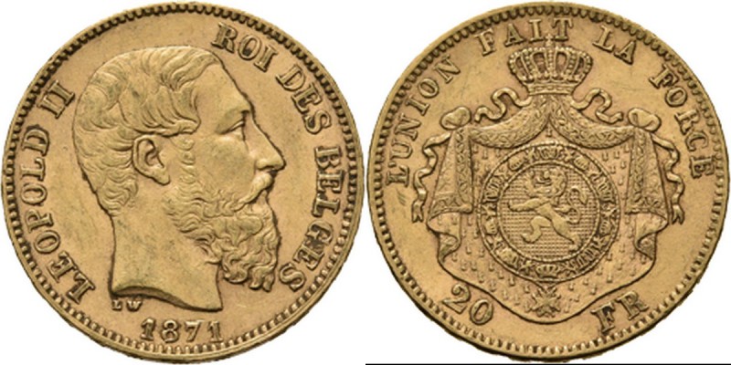 Belgium - 20 Francs 1871, Gold, LEOPOLD II 1865–1909 Bare head to right. Rev. cr...