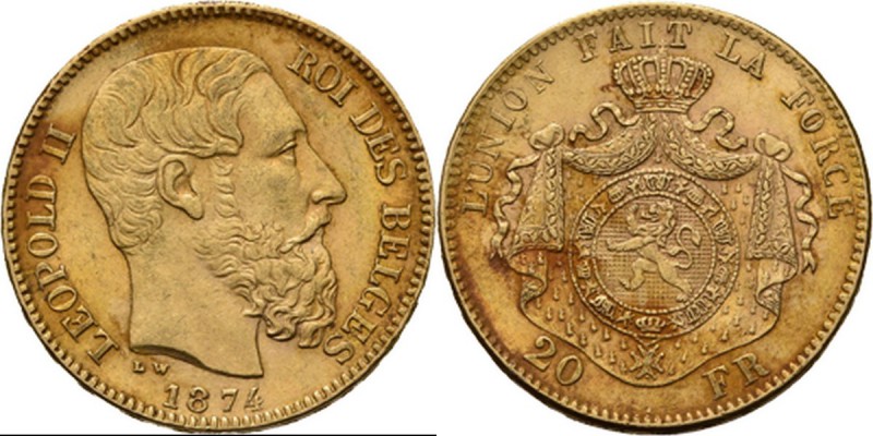 Belgium - 20 Francs 1874, Gold, LEOPOLD II 1865–1909 Bare head to right. Rev. cr...