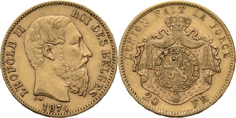 Belgium - 20 Francs 1874, Gold, LEOPOLD II 1865–1909 Bare head to right. Rev. cr...