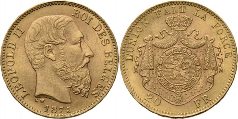 Belgium - 20 Francs 1875, Gold, LEOPOLD II 1865–1909 Bare head to right. Rev. cr...