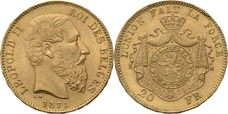 Belgium - 20 Francs 1875, Gold, LEOPOLD II 1865–1909 Bare head to right. Rev. cr...