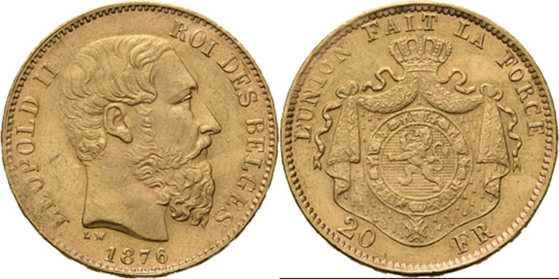 Belgium - 20 Francs 1876, Gold, LEOPOLD II 1865–1909 Bare head to right. Rev. cr...