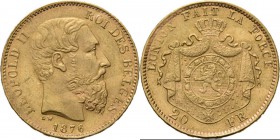 Belgium - 20 Francs 1876, Gold, LEOPOLD II 1865–1909 Bare head to right. Rev. crowned and mantled arms. Pos. A.Fr. 412; KM. 37; NBFB-2166.45 g Very fi...