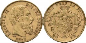 Belgium - 20 Francs 1876, Gold, LEOPOLD II 1865–1909 Bare head to right. Rev. crowned and mantled arms. Pos. A.Fr. 412; KM. 37; NBFB-2166.43 g Very fi...