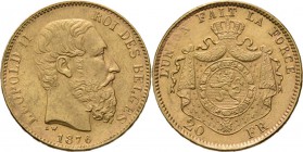 Belgium - 20 Francs 1876, Gold, LEOPOLD II 1865–1909 Bare head to right. Rev. crowned and mantled arms. Pos. A.Fr. 412; KM. 37; NBFB-2166.44 g Very fi...
