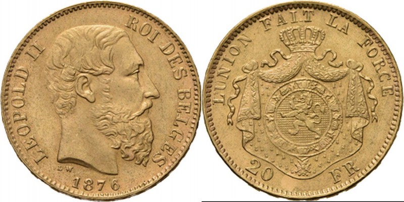 Belgium - 20 Francs 1876, Gold, LEOPOLD II 1865–1909 Bare head to right. Rev. cr...