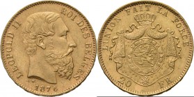 Belgium - 20 Francs 1876, Gold, LEOPOLD II 1865–1909 Bare head to right. Rev. crowned and mantled arms. Pos. A.Fr. 412; KM. 37; NBFB-2166.46 g Very fi...