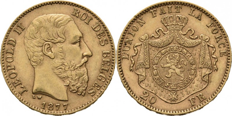Belgium - 20 Francs 1877, Gold, LEOPOLD II 1865–1909 Bare head to right. Rev. cr...