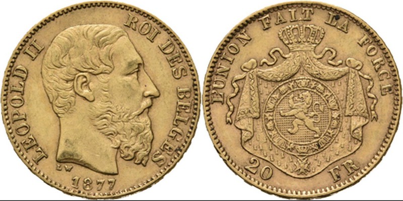 Belgium - 20 Francs 1877, Gold, LEOPOLD II 1865–1909 Bare head to right. Rev. cr...