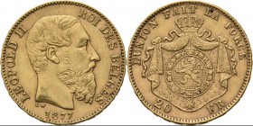 Belgium - 20 Francs 1877, Gold, LEOPOLD II 1865–1909 Bare head to right. Rev. crowned and mantled arms. Pos. A.Fr. 412; KM. 37; NBFB-2166.43 g Very fi...