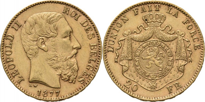 Belgium - 20 Francs 1877, Gold, LEOPOLD II 1865–1909 Bare head to right. Rev. cr...