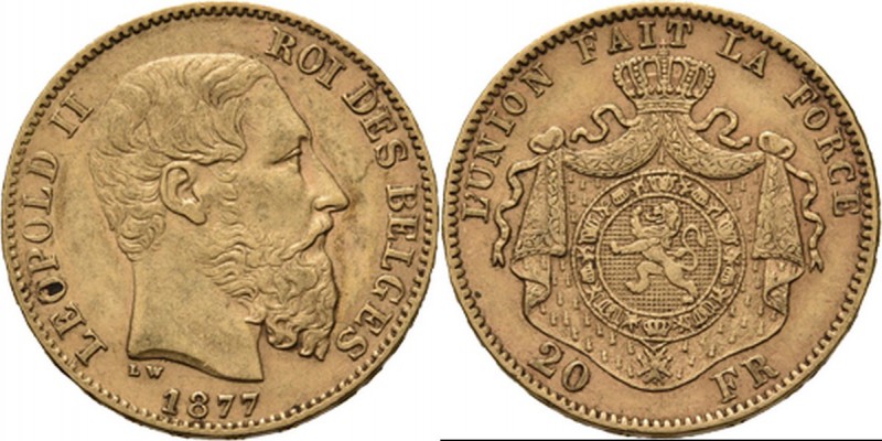 Belgium - 20 Francs 1877, Gold, LEOPOLD II 1865–1909 Bare head to right. Rev. cr...