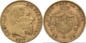Belgium - 20 Francs 1877, Gold, LEOPOLD II 1865–1909 Bare head to right. Rev. crowned and mantled arms. Pos. A.Fr. 412; KM. 37; NBFB-2166.43 g Almost ...