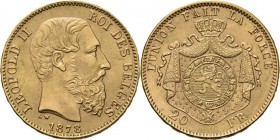 Belgium - 20 Francs 1878, Gold, LEOPOLD II 1865–1909 Bare head to right. Rev. crowned and mantled arms.NBFB-216; Fr. 412; KM. 37.6.44 g Nearly extreme...