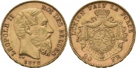 Belgium - 20 Francs 1878, Gold, LEOPOLD II 1865–1909 Bare head to right. Rev. crowned and mantled arms. Pos. A.Fr. 412; KM. 37; NBFB-2166.45 g Very fi...