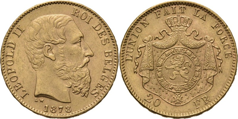 Belgium - 20 Francs 1878, Gold, LEOPOLD II 1865–1909 Bare head to right. Rev. cr...