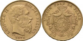 Belgium - 20 Francs 1878, Gold, LEOPOLD II 1865–1909 Bare head to right. Rev. crowned and mantled arms. Pos. A.Fr. 412; KM. 37; NBFB-2166.44 g Very fi...