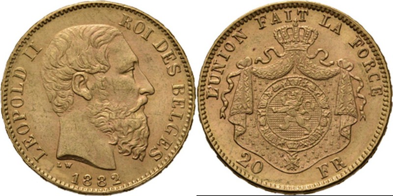 Belgium - 20 Francs 1882, Gold, LEOPOLD II 1865–1909 Bare head to right. Rev. cr...