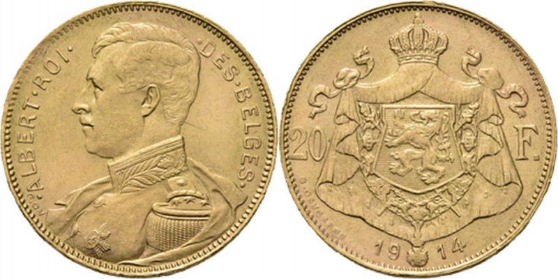 Belgium - 20 Francs 1914, Gold, ALBERT I 1909–1934 French. Bust to left. Rev. cr...