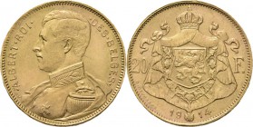 Belgium - 20 Francs 1914, Gold, ALBERT I 1909–1934 French. Bust to left. Rev. crowned arms divide denomination and date. Position A.NBFB-217; Fr. 421;...