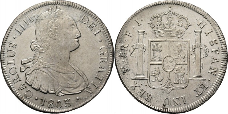 Bolivia - 8 Reales 1803, Silver, CARLOS IV 1788–1808 PTS PJ. Laureated and drape...