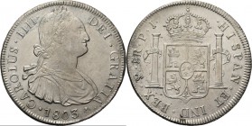 Bolivia - 8 Reales 1803, Silver, CARLOS IV 1788–1808 PTS PJ. Laureated and draped bust to right. Rev. crowned arms between pillars.KM. 73.AR 26.82 g N...