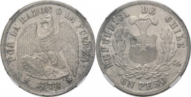 Chile - Peso 1878, Silver Santiago de Chile. Condor with wings spread and shield. Rev. plumed arms within wreath.KM. 142.1 Original luster. NGC MS63