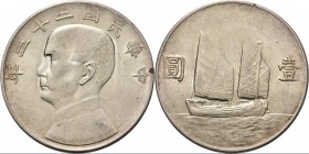 China - Dollar Year 22 (1933), Silver, Republic of Head left. Rev. without birds above junk or rising sun.KM. 34526.67 g Almost UNC