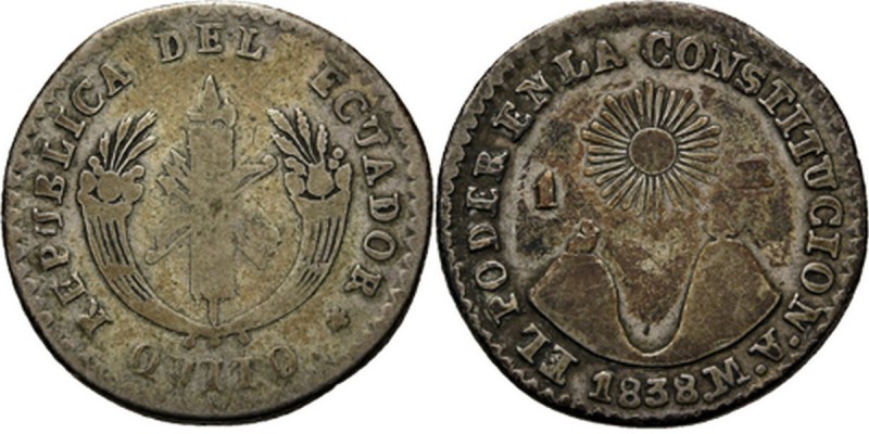 Ecuador - Real 1838 MV, Silver, REPUBLIC Quito. Cornucopiae flank fasces. Rev. s...