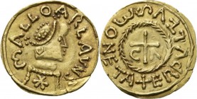 France - AV Triens ca. 620 AD, Gold, Les Mérovingiens Metz. Stylized head right, starlet underneath MALLOARLAVNS. Rev. cross, C – V (⋀) in angles ✣ ER...